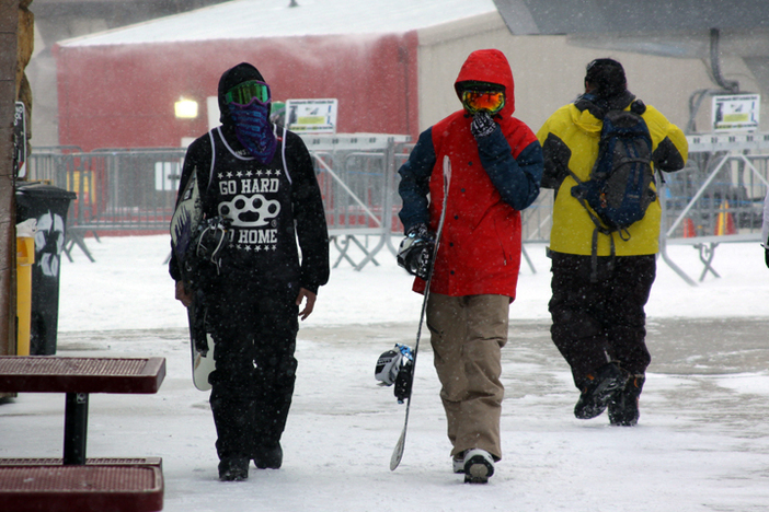 Walking across the snowy deck.