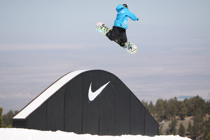 Brandon throwing a hammer at Nike's Snake and Hammers Banked Slopestyle.