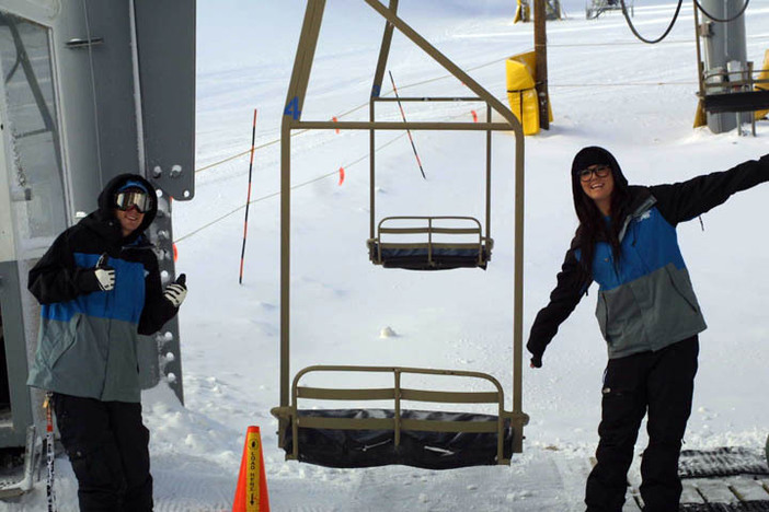 Take a ride on the Coyote chairlift today and be greeted by these two cheerful employees.