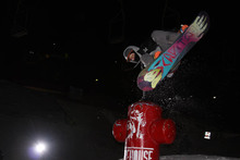 Planing a hand on the fire hydrant during last night's Shred Circuit rail jam.