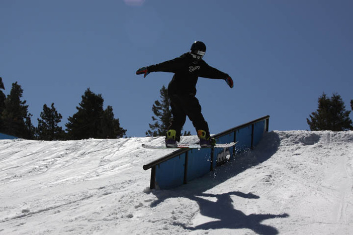 Banana frontboarding the down rail top of Lower Chisolm.