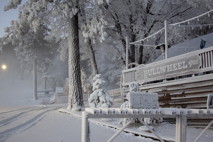 An icy bullwheel looking good after a night of snowmaking.