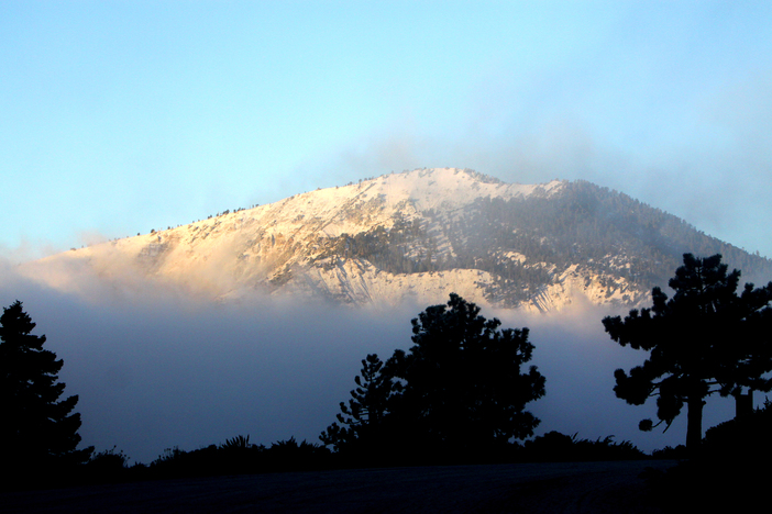 Light snow covers Mt Baden Powell this morning.