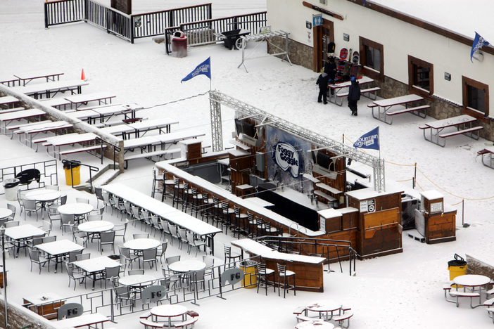 Fresh snow covers the sundeck